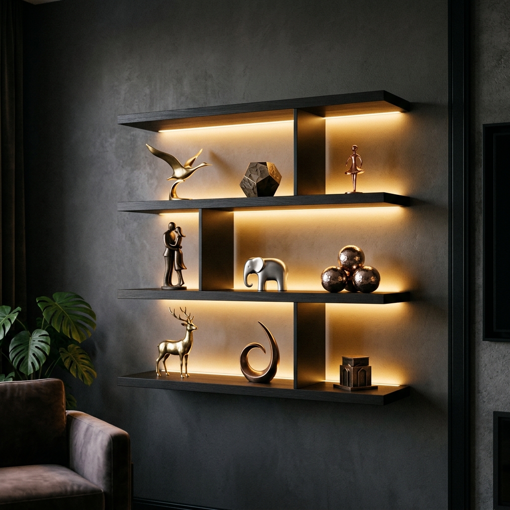 Backlit display shelf with designer sculptures